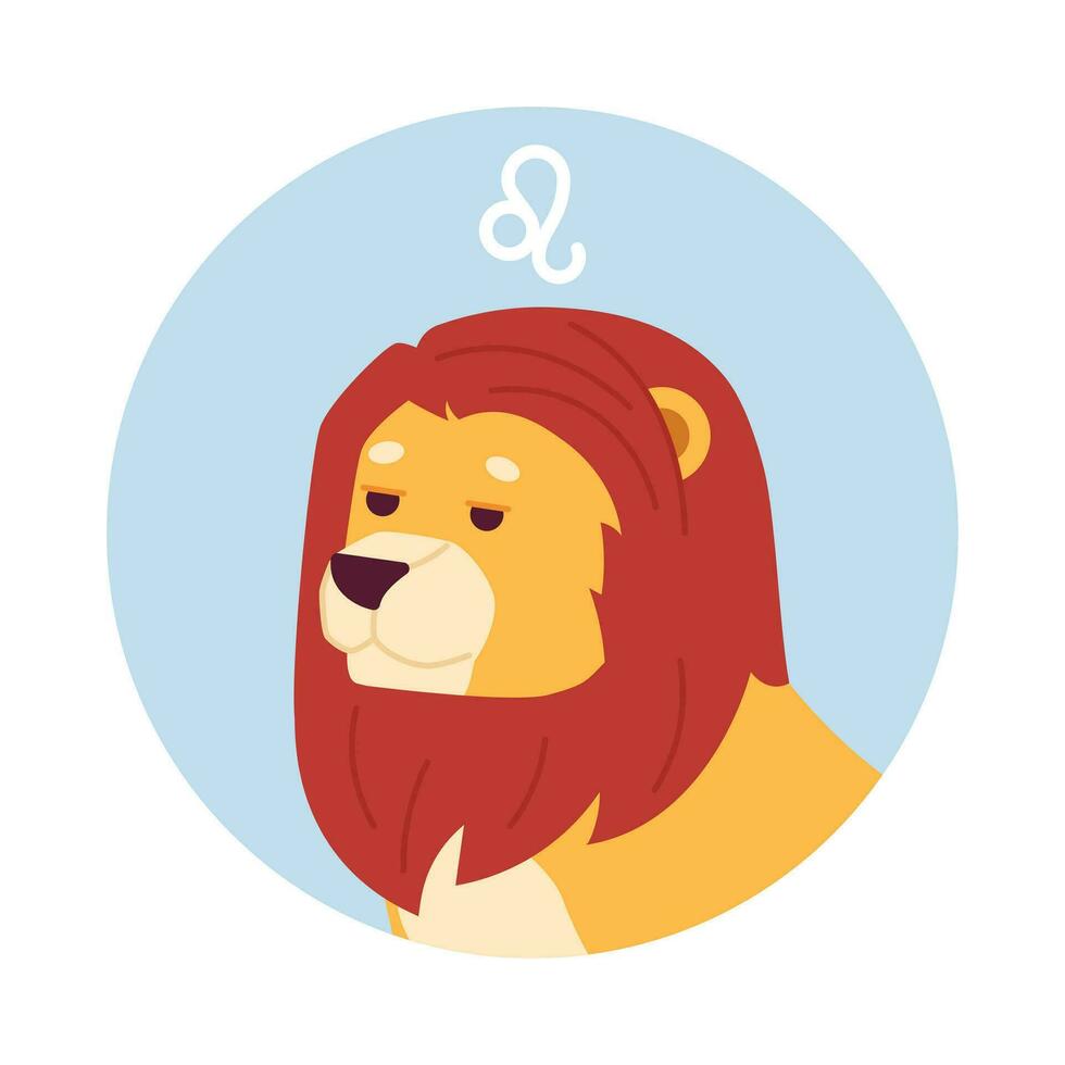 Leo zodiac flat round vector spot illustration. Lion 2D cartoon character on white for web UI design. Astrology isolated editable creative hero image