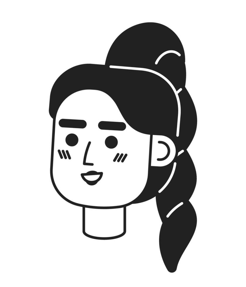 Enthusiastic young woman monochrome flat linear character head. Cheerful hispanic girl. Editable outline hand drawn human face icon. 2D cartoon spot vector avatar illustration for animation