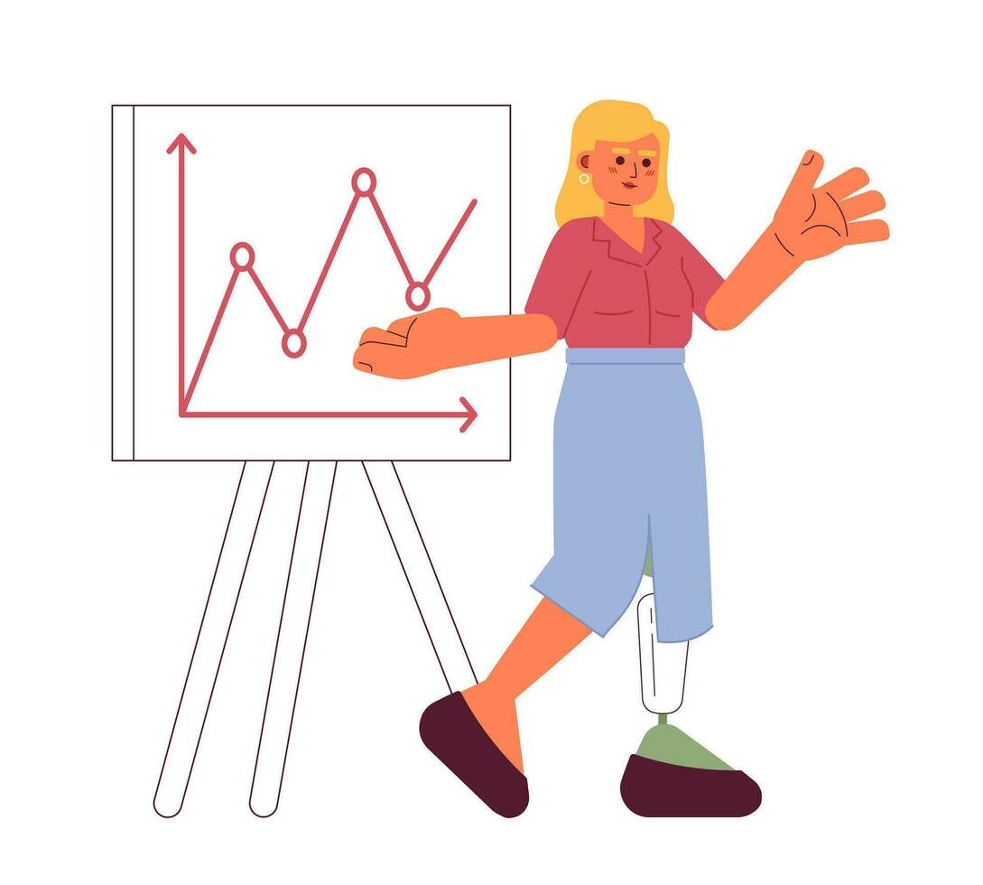 Prosthesis leg woman with presentation whiteboard 2D cartoon character. Disabled female office worker showing chart isolated vector person white background. Graph business color flat spot illustration