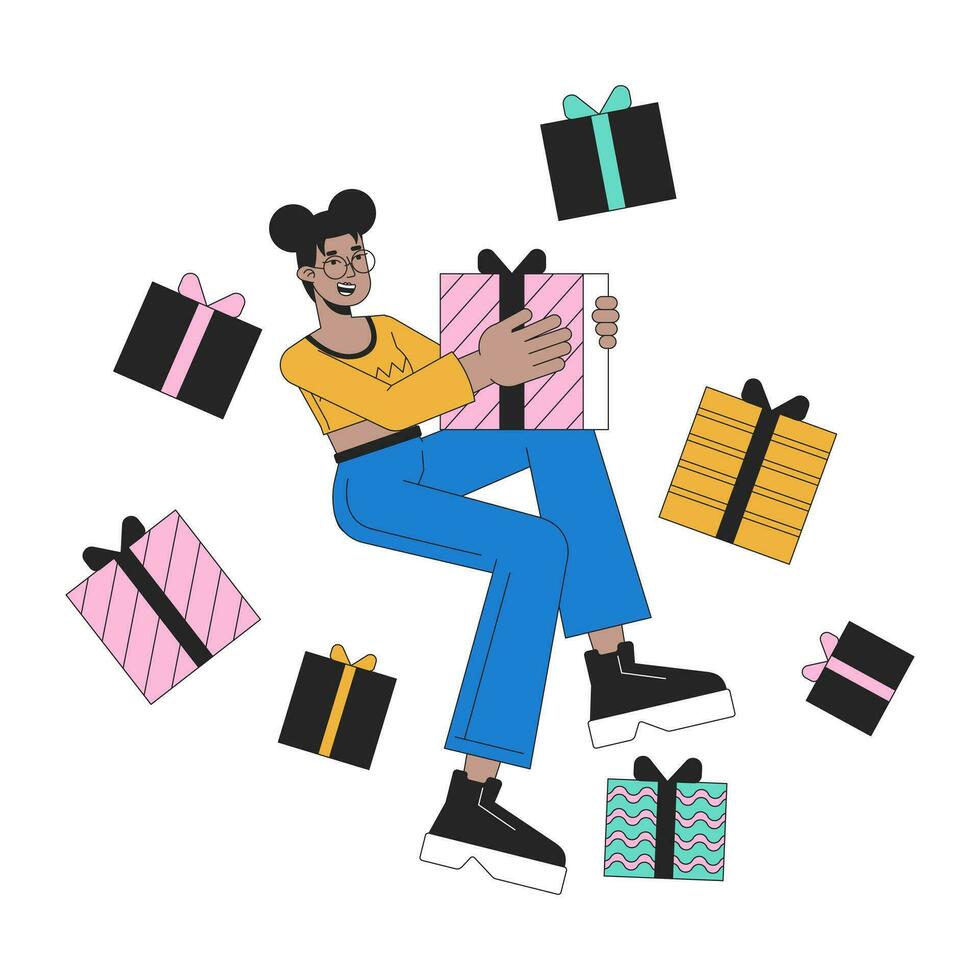 African american birthday girl receiving gifts 2D linear cartoon character. Birthday woman black isolated line vector person white background. Black friday weekend color flat spot illustration