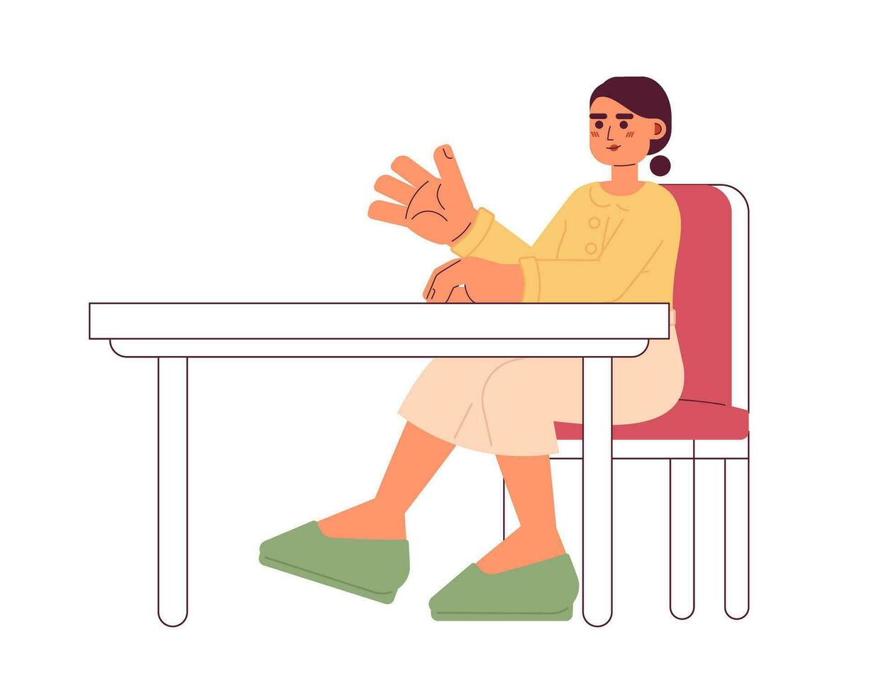 Latina girl sitting at desk 2D cartoon character. University student hispanic woman gesturing isolated vector person white background. Latinamerican schoolgirl at table color flat spot illustration