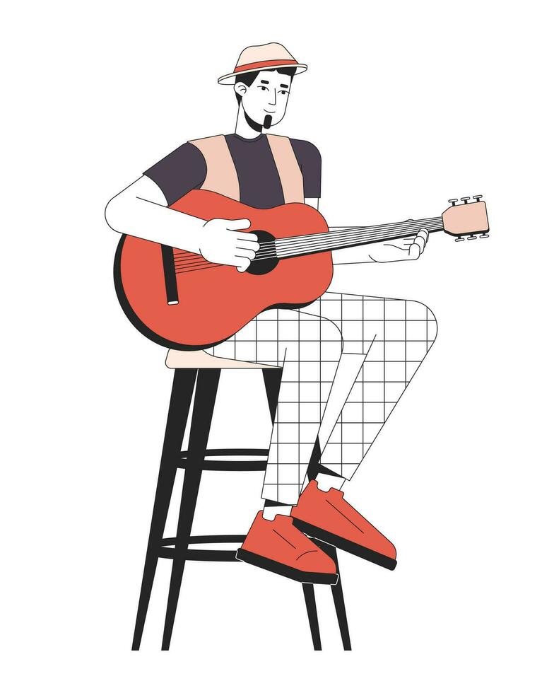 Acoustic guitarist plucking strings line cartoon flat illustration. Caucasian adult man sitting on bar stool 2D lineart character isolated on white background. Music festival scene vector color image