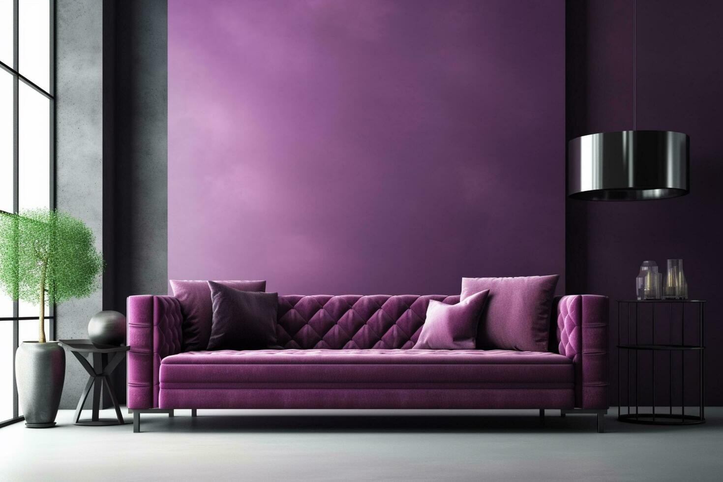 Purple living room with a purple sofa, a coffee table and a lamp. 3d rendering Ai Generated photo