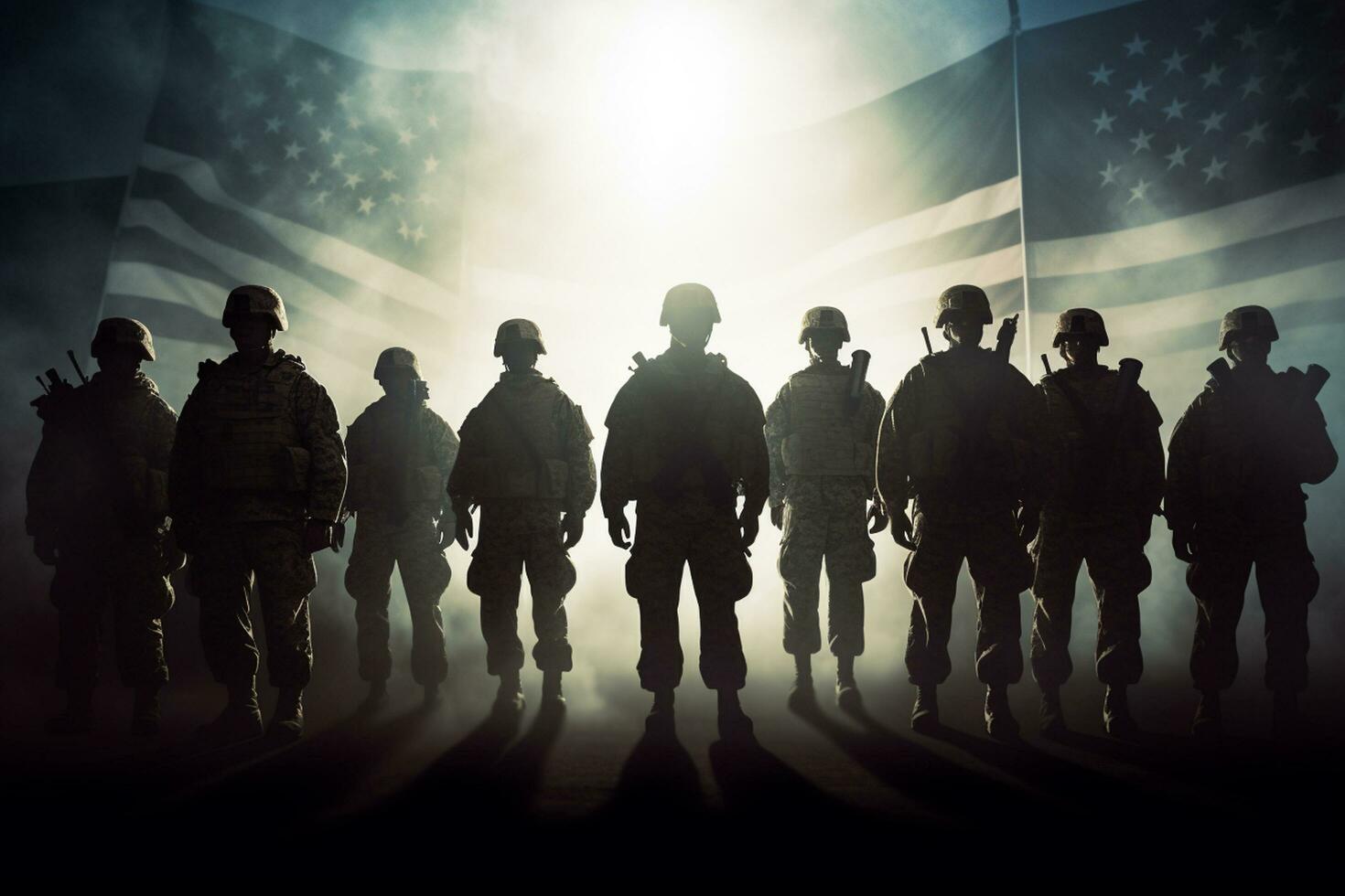 Silhouettes of soldiers on the background of the flag of the United States of America Ai Generated photo