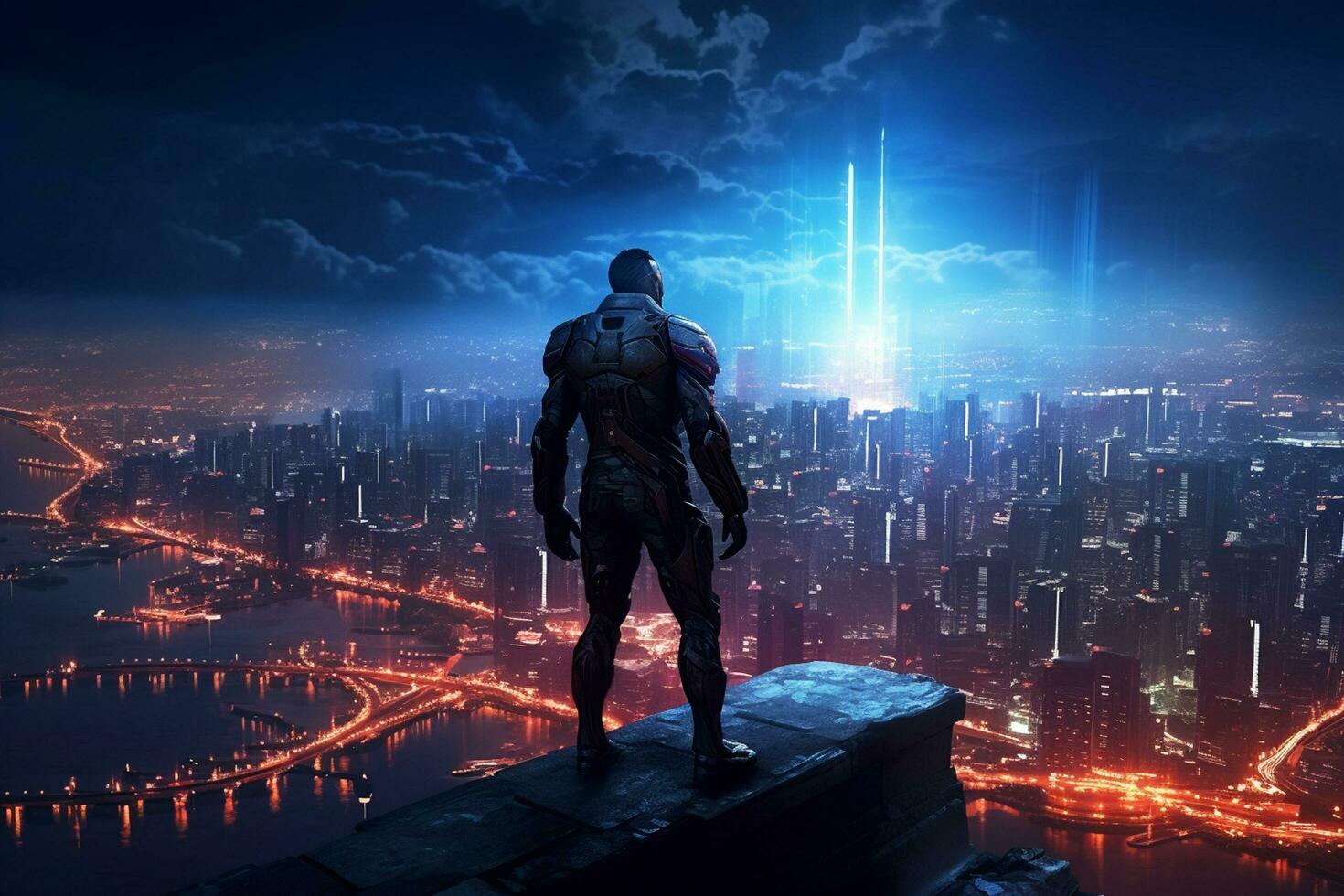 Rear view of businessman standing on road and looking at night city photo