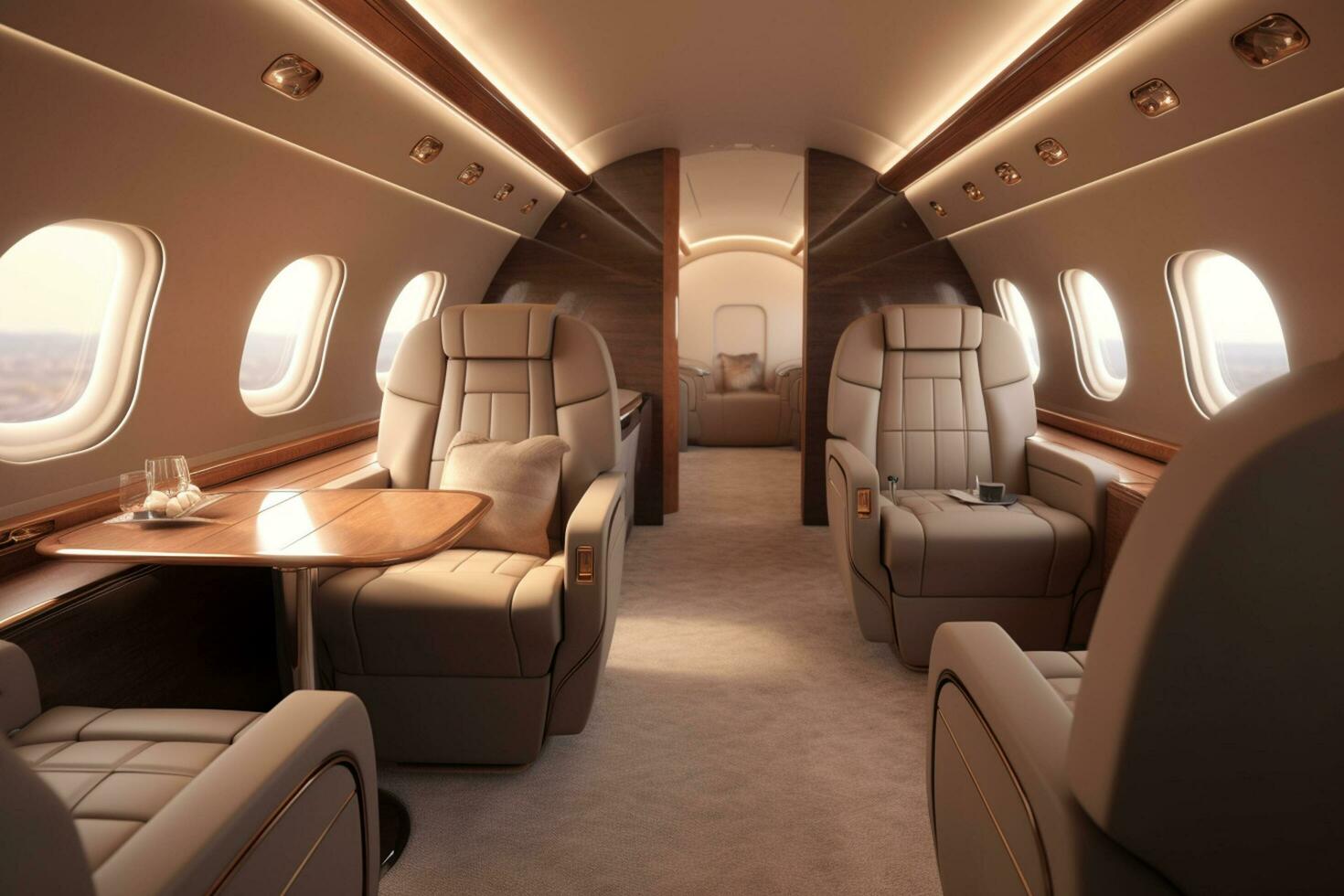 Interior of a private jet with seats and tables. 3d rendering photo