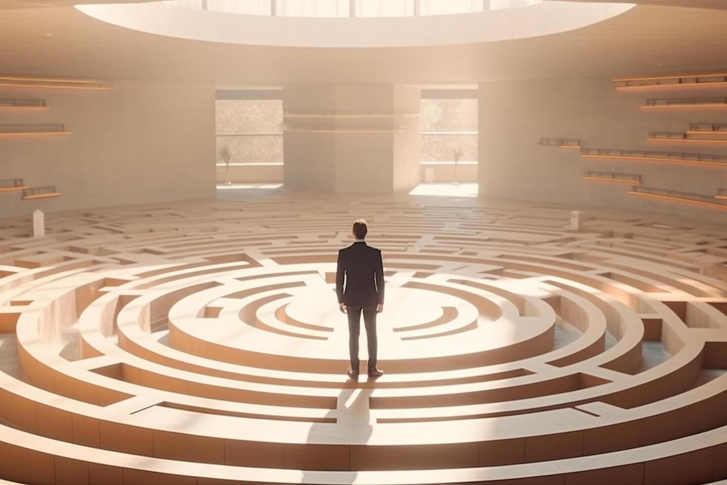 Businessman standing in a middle of a labyrinth. 3D rendering photo