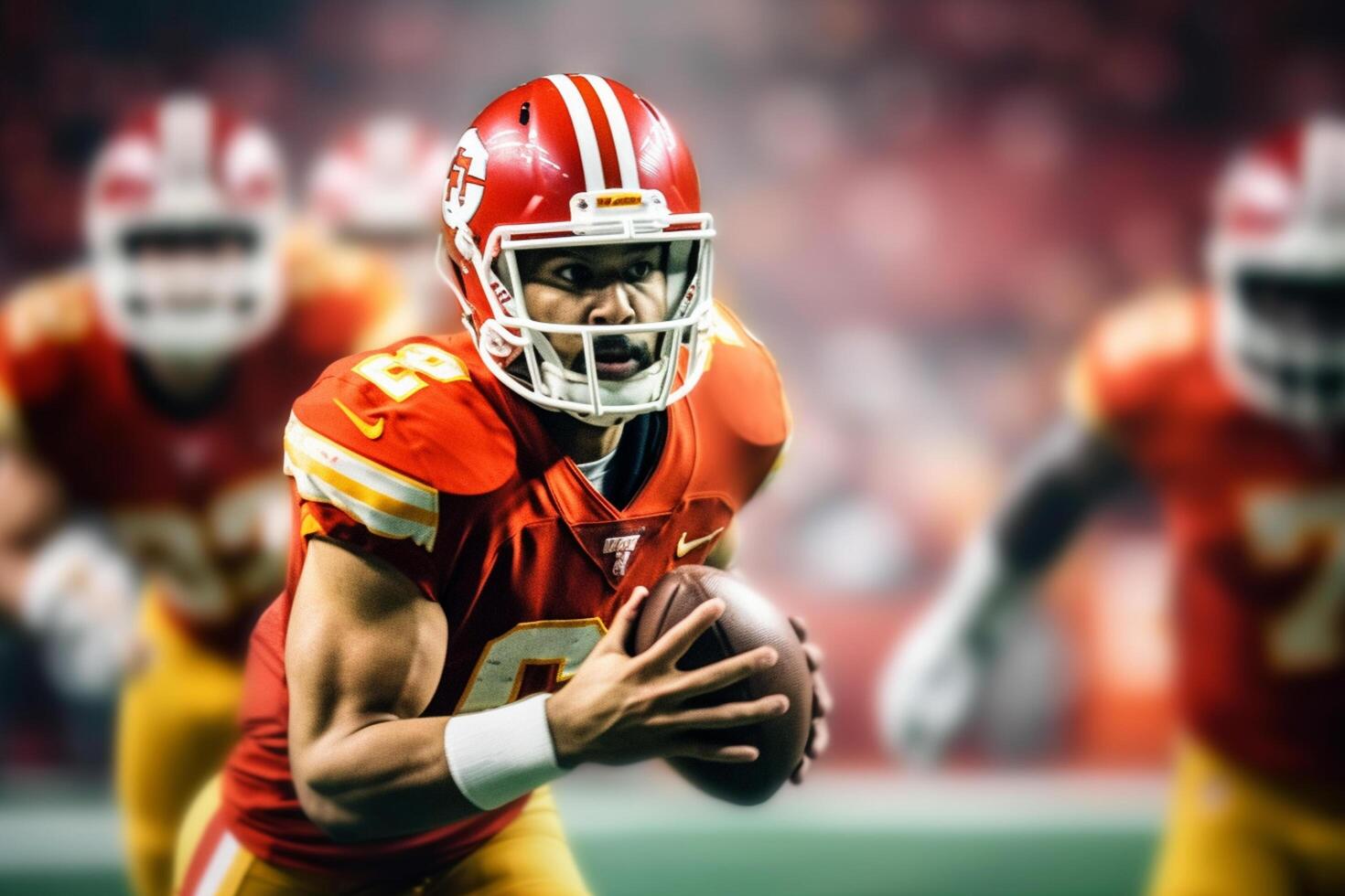 American football player in red jersey and helmet with ball on the field photo