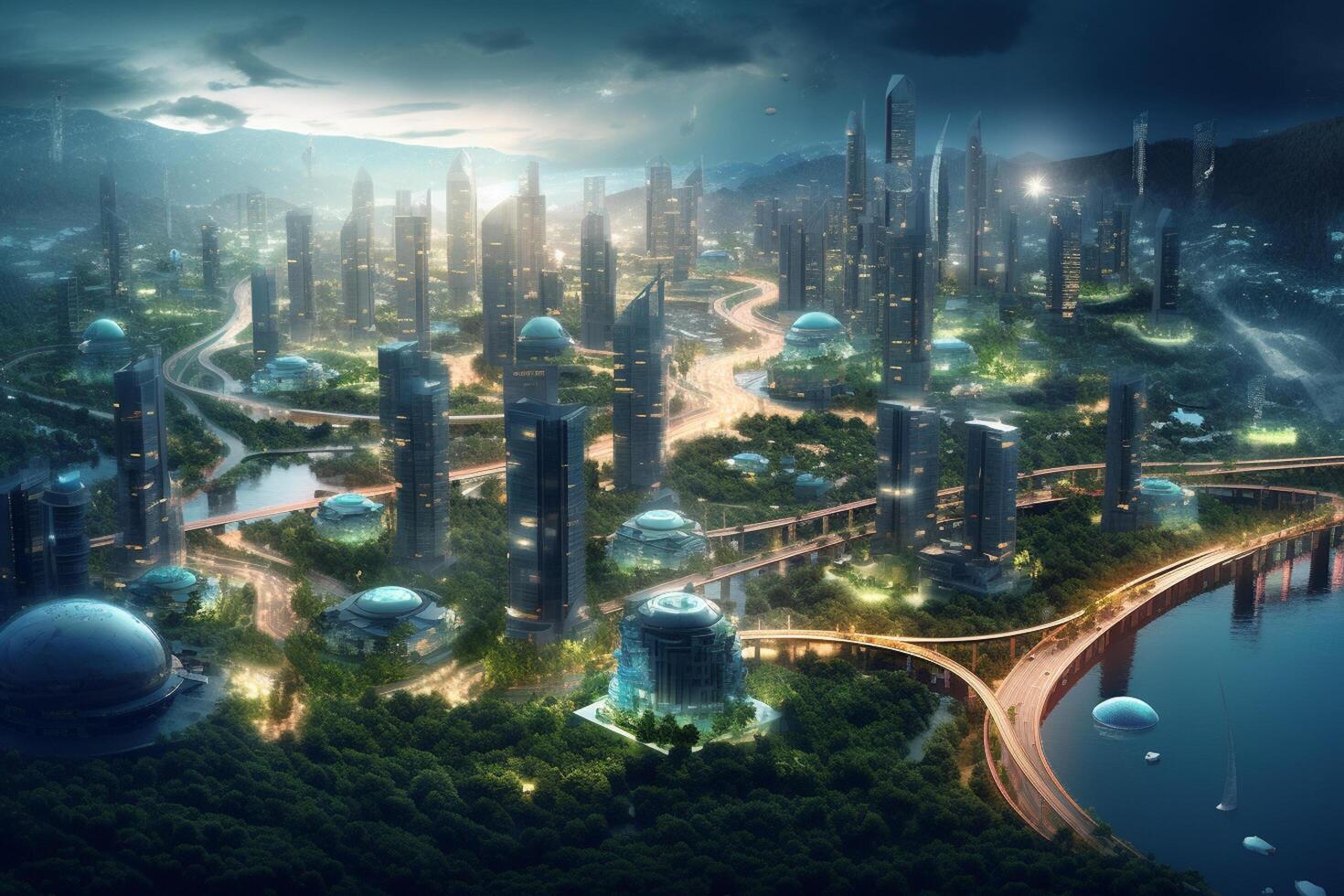 Smart city with solar panels and wind turbines at night. 3D rendering photo