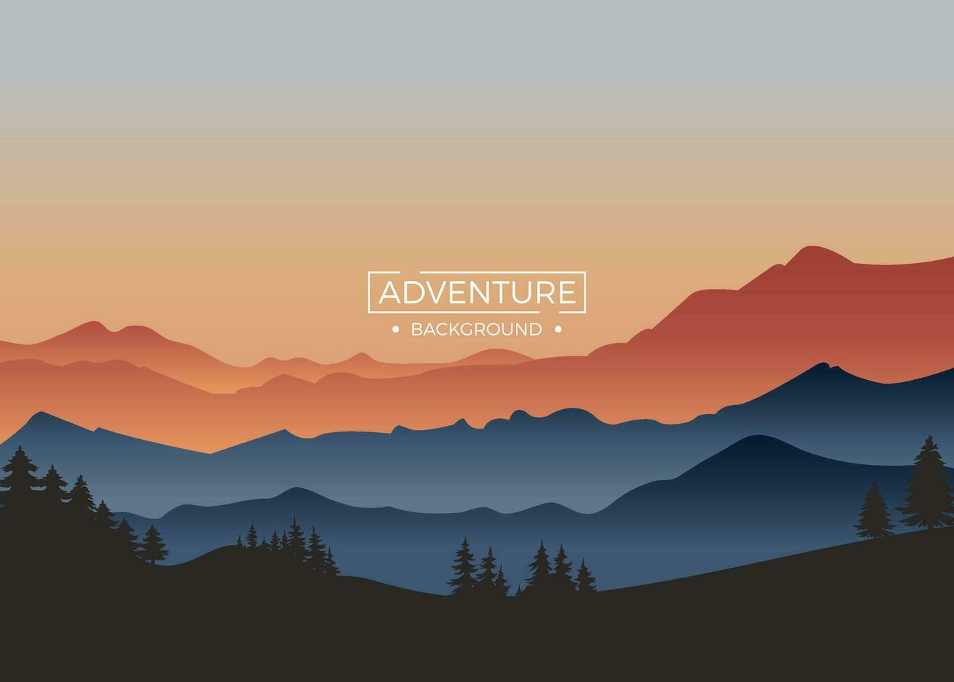 Adventure mountains sunset background with red light reflection. vector