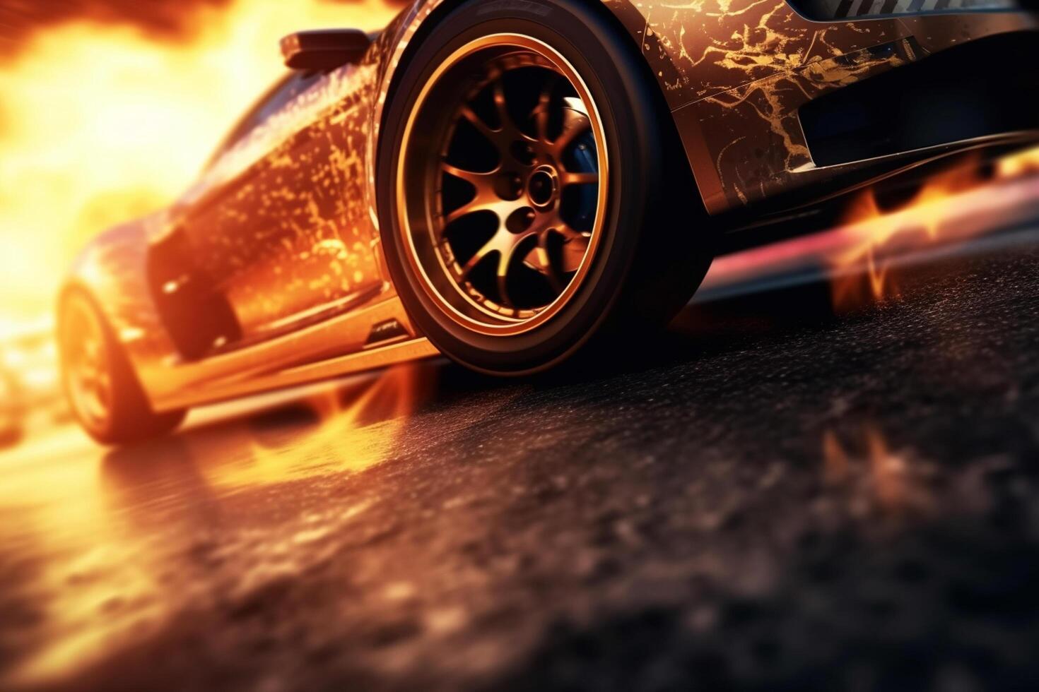 Burning sport car on the road. 3d rendering image. photo