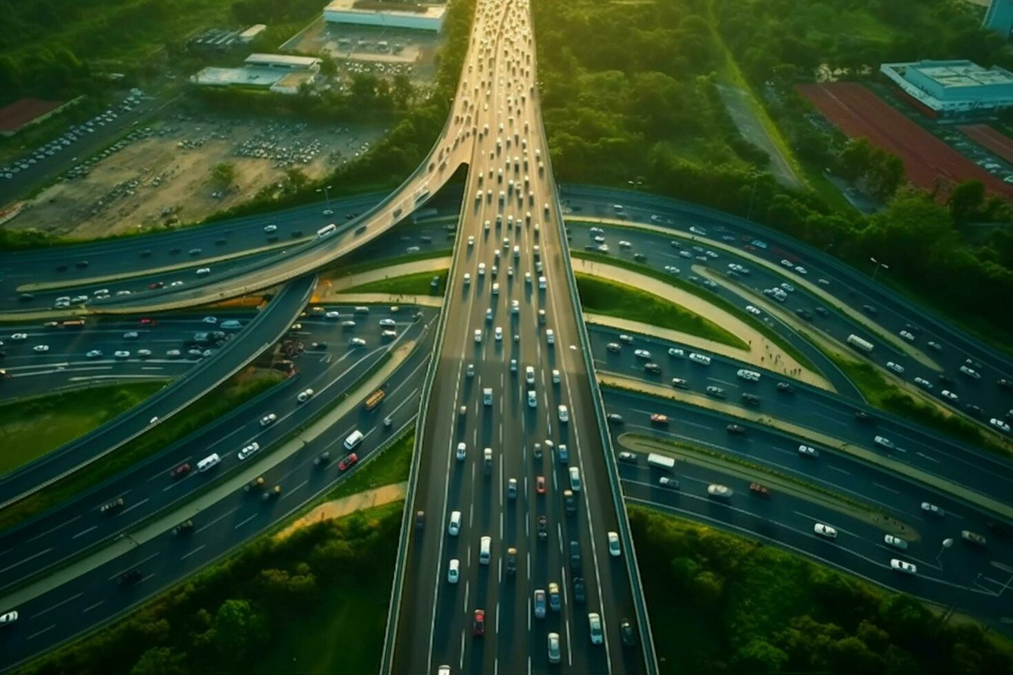 aéreo ver de autopista con carros Moviente en la carretera a puesta de sol. foto