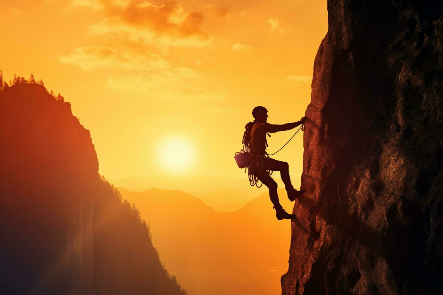 Rock climber reaches for the top of the cliff at sunset.  Ai Generative photo