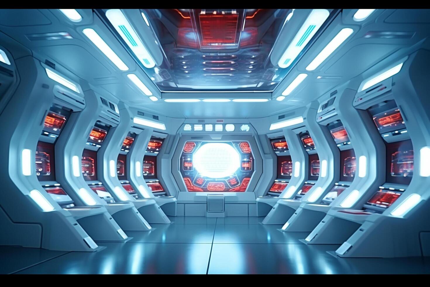 Spaceship interior with view on space and planets. Mixed media photo