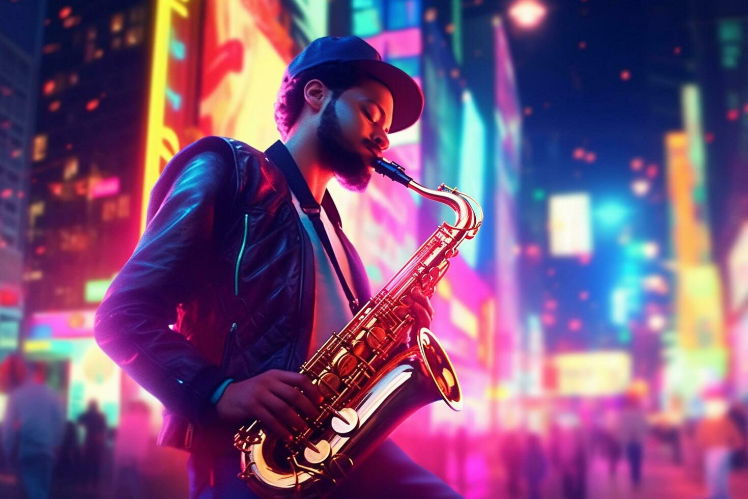 Young african american man playing saxophone in night club. photo