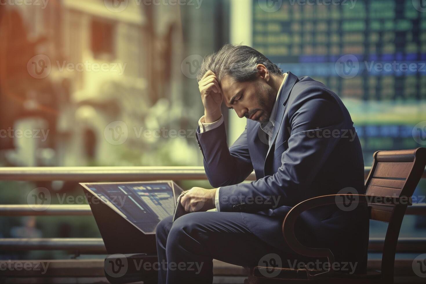 Stressed businessman sitting in front of computer monitor with stock market graph Generative Ai photo