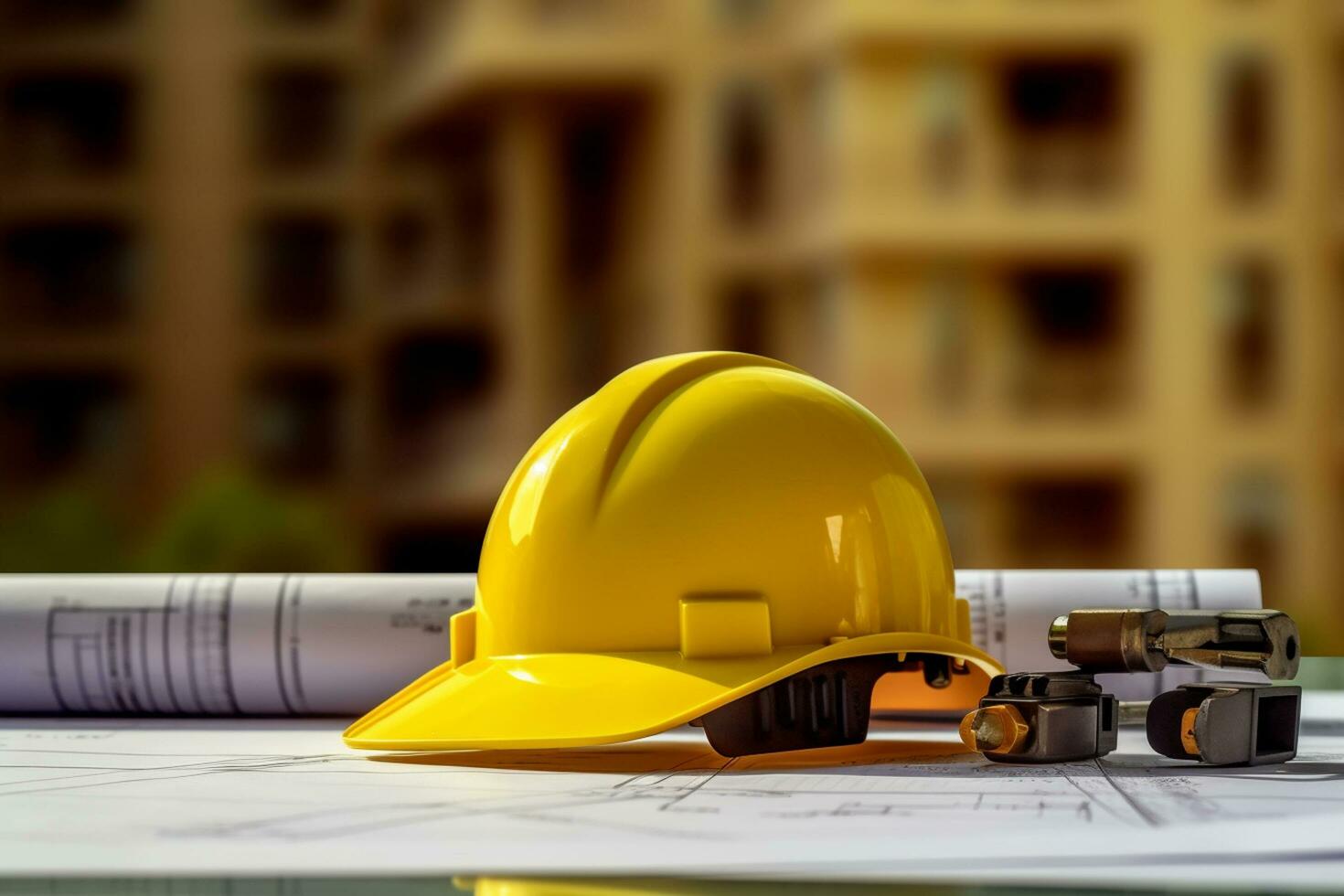 Yellow hard hat on construction plans with building background, Construction concept. Ai generated photo