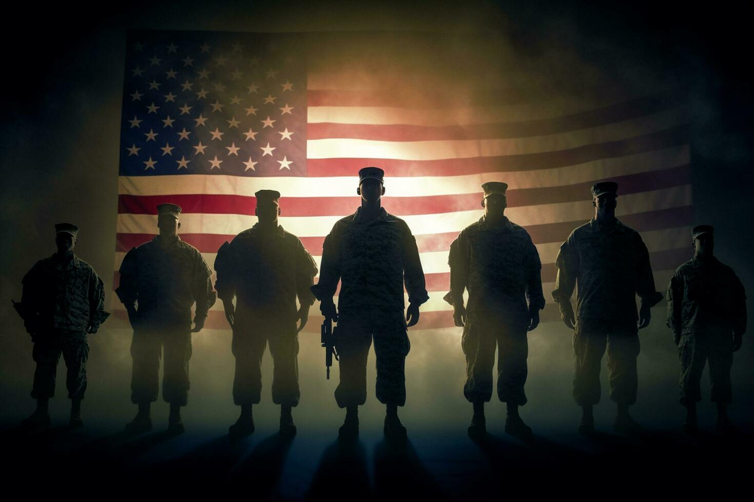 Silhouettes of soldiers on the background of the flag of the United States of America Ai Generated photo