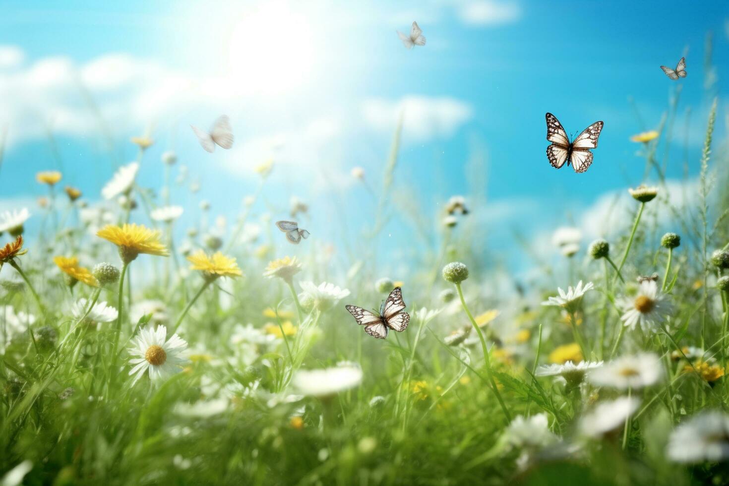 Summer meadow with flowers and butterfly. Nature background. 3d render Ai Generative photo