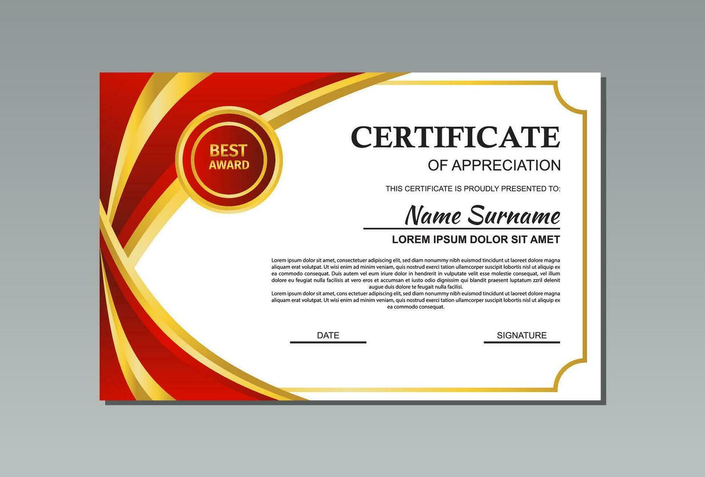 red and gold horizontal certificate template design in abstract style for appreciation. vector