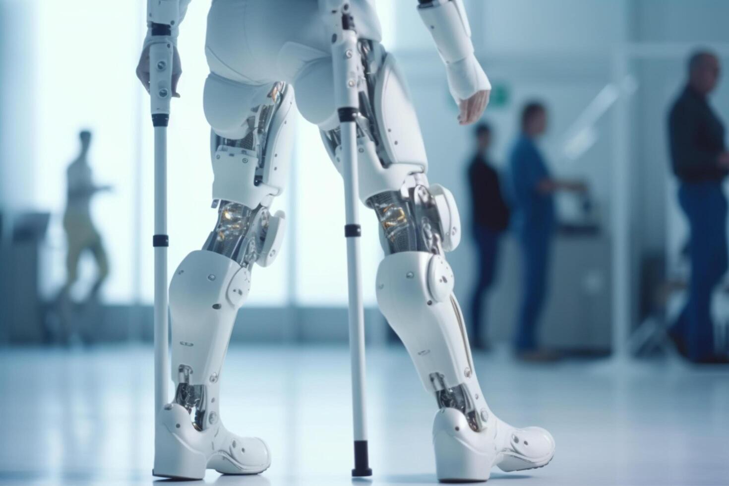 Robot walking on crutches in the hospital, closeup photo