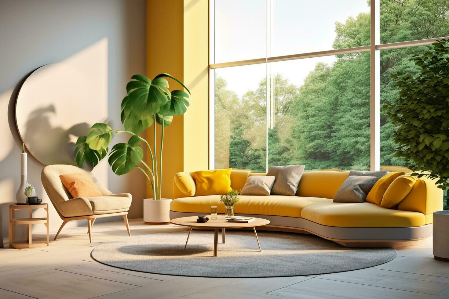 Interior of modern living room with yellow sofa, coffee table and plants. 3d render Ai Generated photo