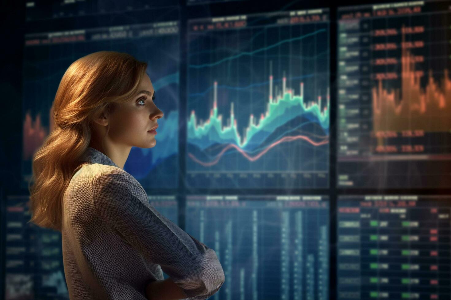 Thoughtful businesswoman looking away against stocks and shares on screen Ai Generated photo