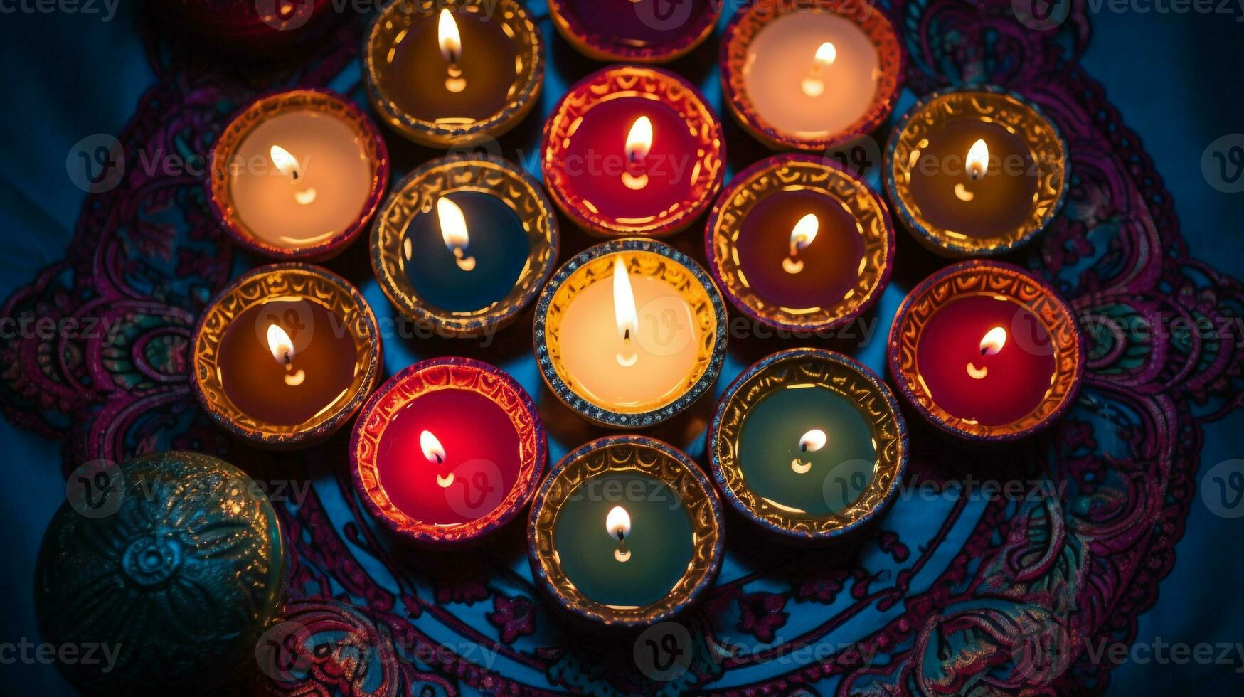 Diwali lights with candles sat on a red pattern, diwali stock images, realistic stock photos