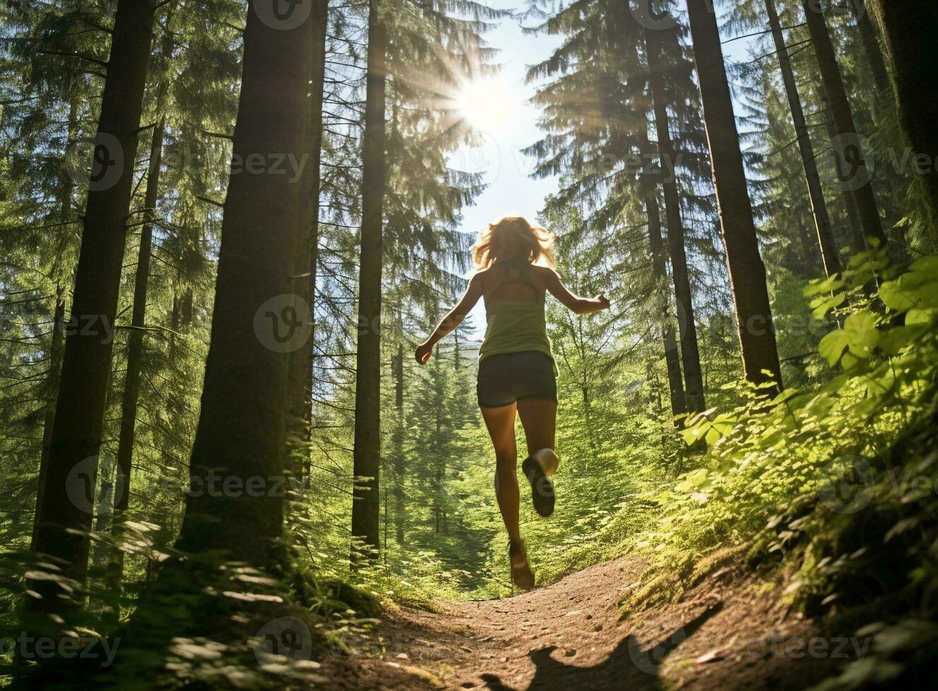 A woman running through a forest her face filled with joy and exhilaration, mental health images, photorealistic illustration photo