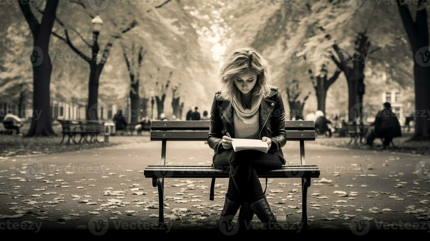A woman sits on a bench in a park writing in a journal, mental health images, photorealistic illustration photo