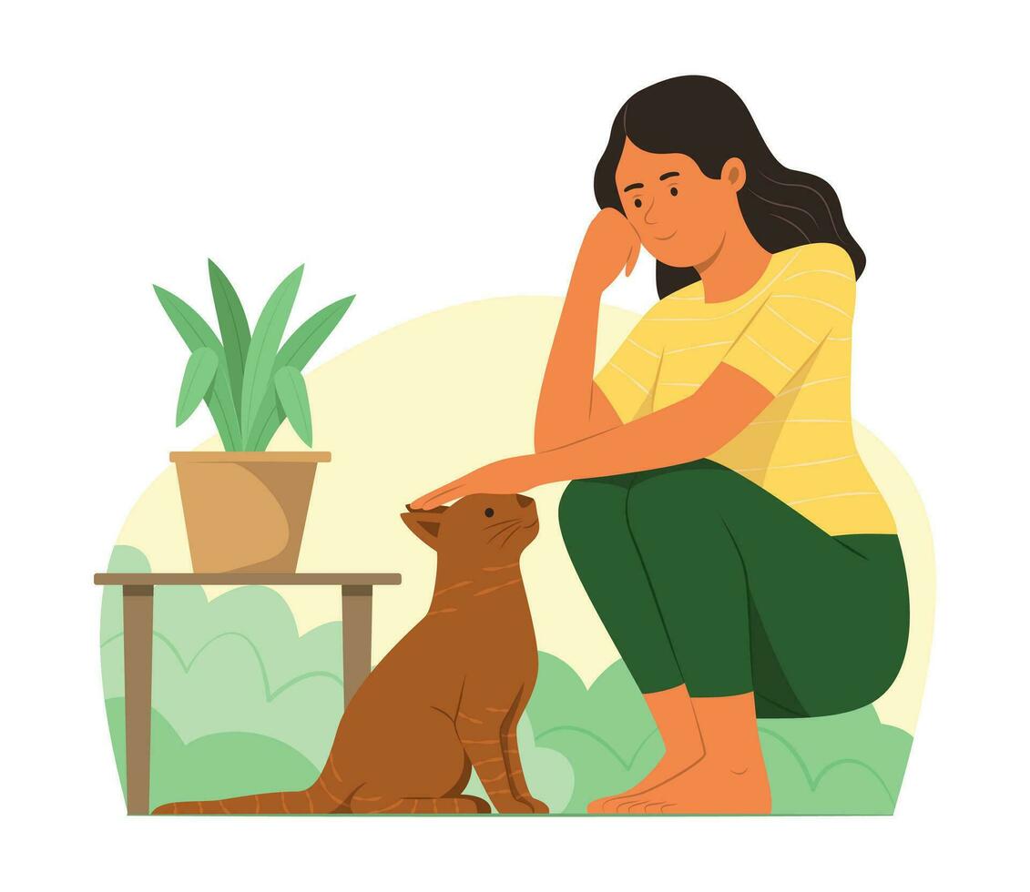 joven mujer y gato vivo en jardín vector