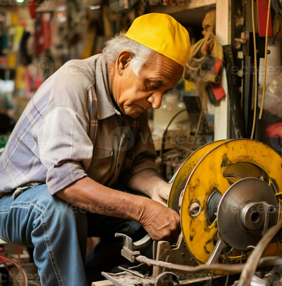 A man working on a piece of metal at a hardware store, industrial machinery stock photos