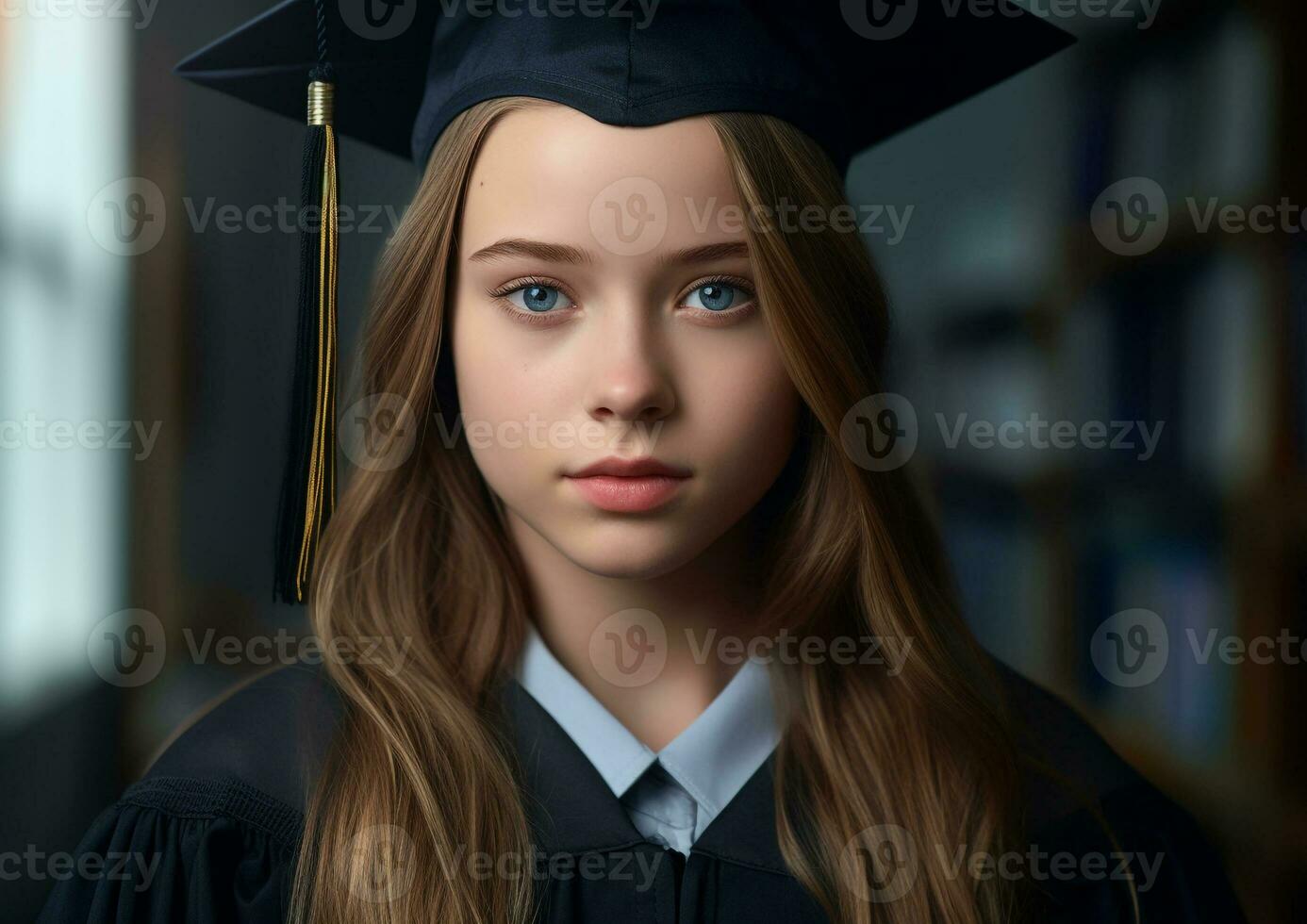 medio Disparo niña retrato con graduación , mundo estudiantes día imágenes foto