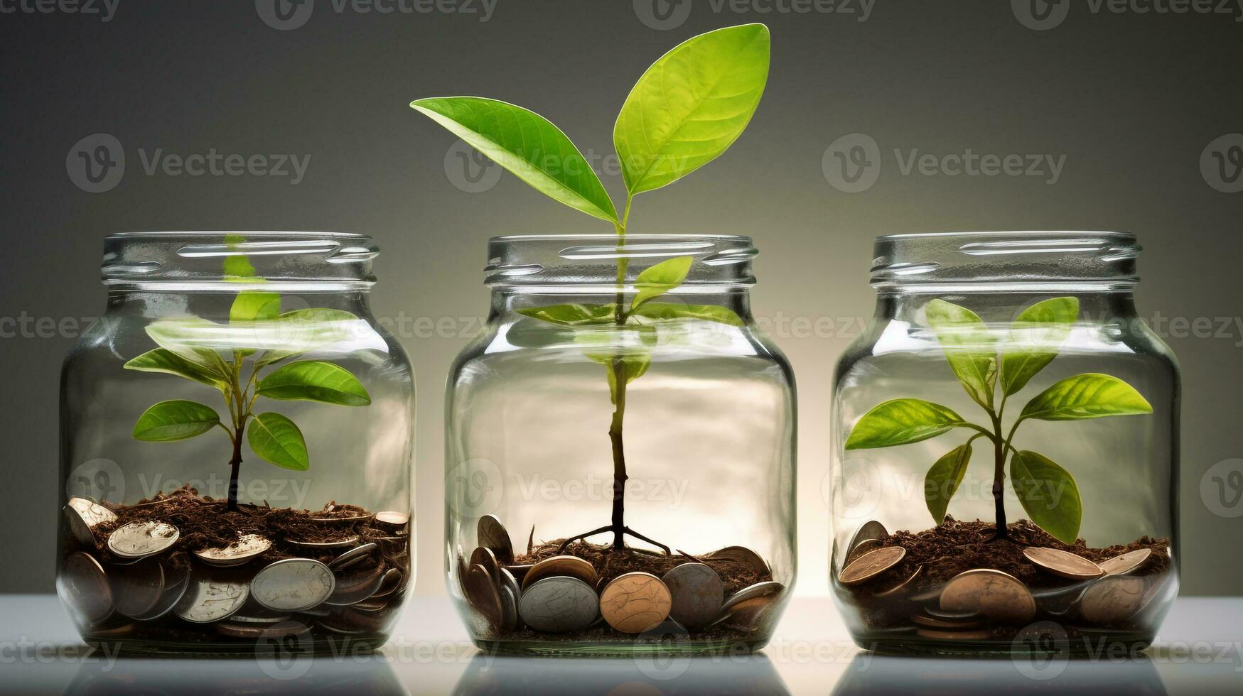 Three glass jars at the same time with coins and green plant, business and marketing stock photos