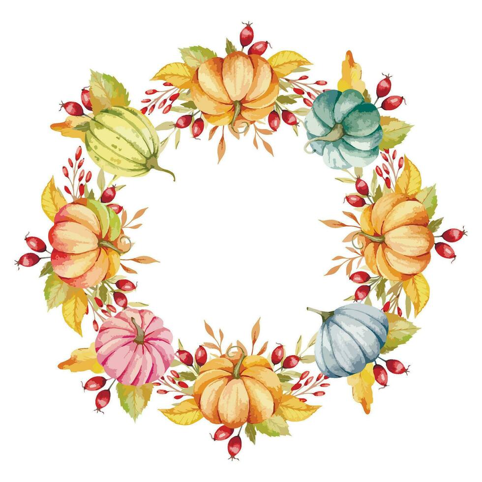 Autumn Thanksgiving Frame with Watercolor Pumpkins and greenery, Floral Thanksgiving Wreath. Fall floral frame with Pumpkins, Berries and Leaves vector