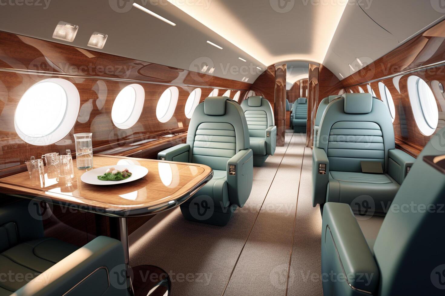 Modern Interior of airplane with seats and window view. 3d rendering photo