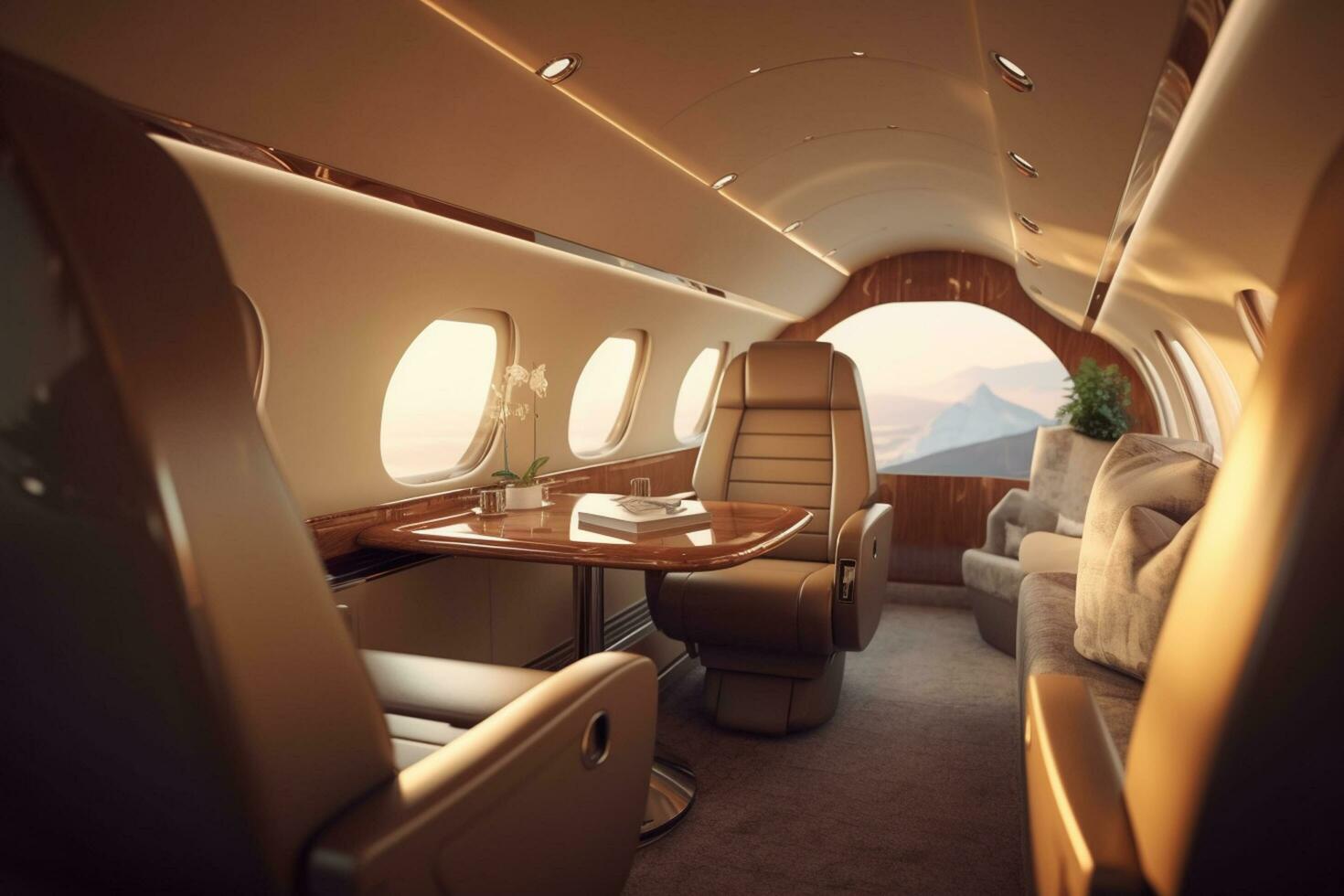 Interior of a private jet with seats and tables. 3d rendering photo