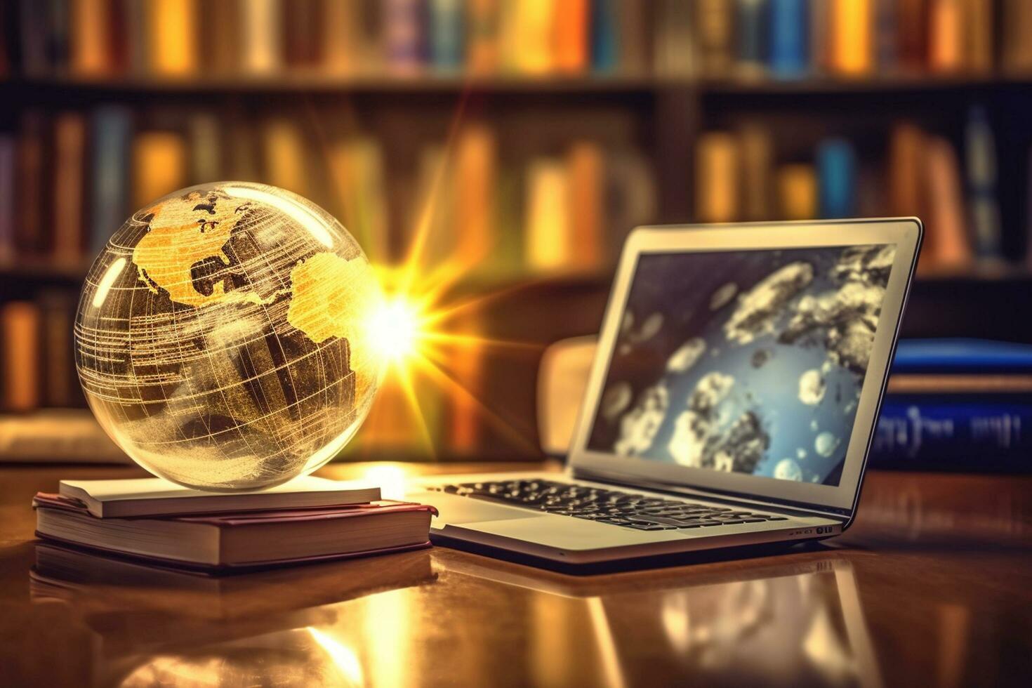 Laptop with globe on a wooden table with books and colorful lights Ai Generative photo