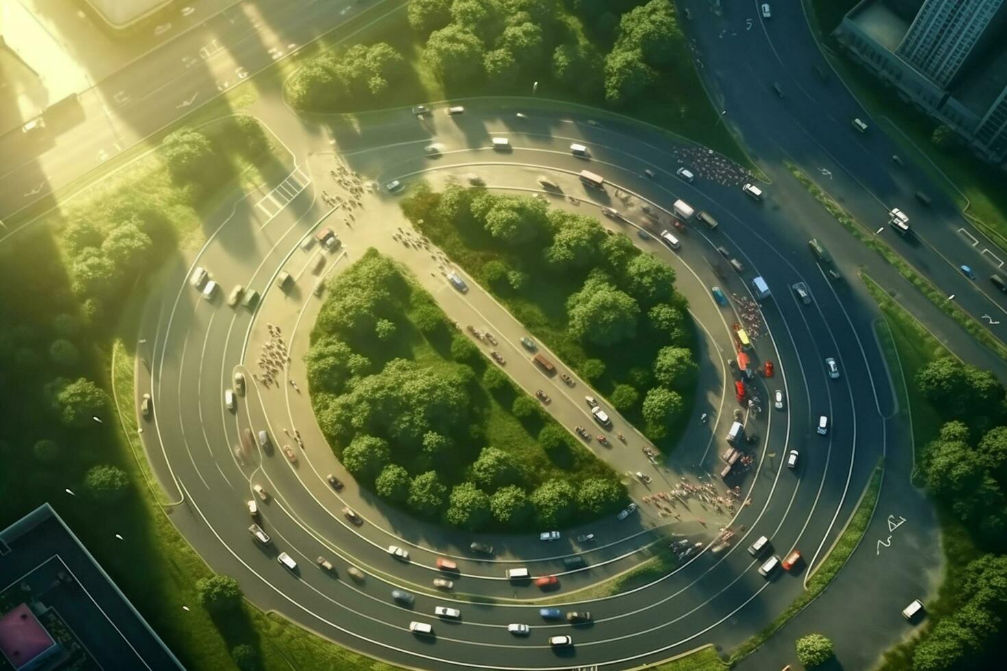 Aerial top view of a roundabout in the middle of a green city photo