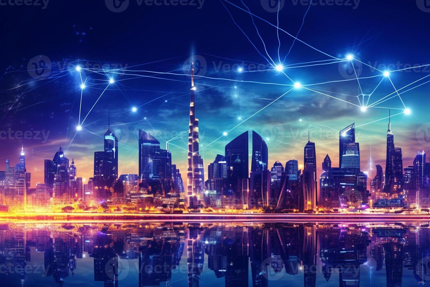 Modern city at night with connection lines on the background. photo
