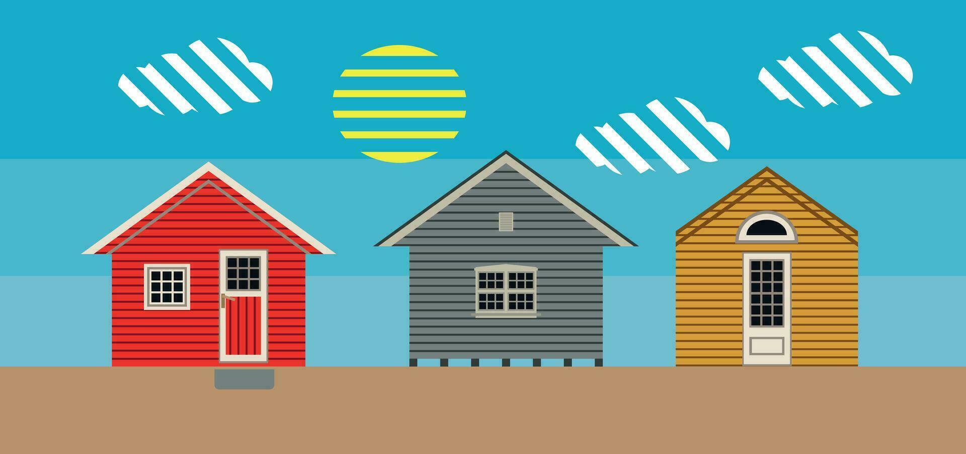 Summer, bright houses by the sea. Clouds and sun over the village. Vector illustration