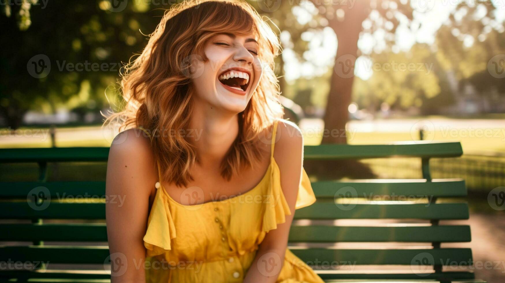 A young woman sitting on a bench in a park, mental health images, photorealistic illustration photo