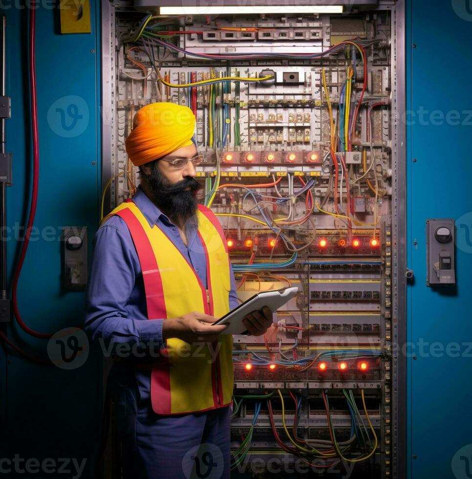 Man showing a clipboard in light of an electrical equipment, industrial machinery stock photos