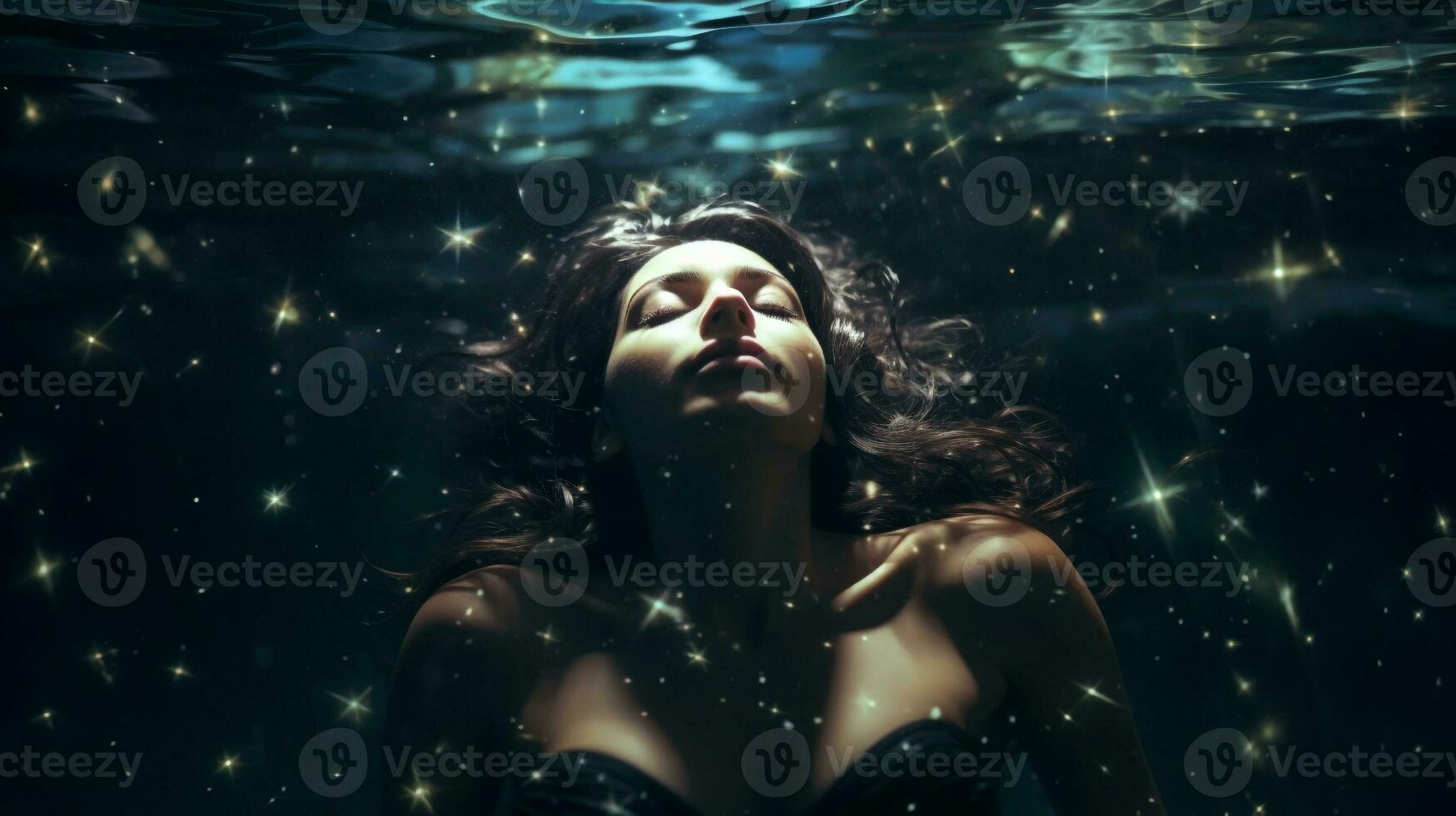 un persona flotante en un piscina de agua rodeado por estrellas, mental salud imágenes, fotorrealista ilustración foto