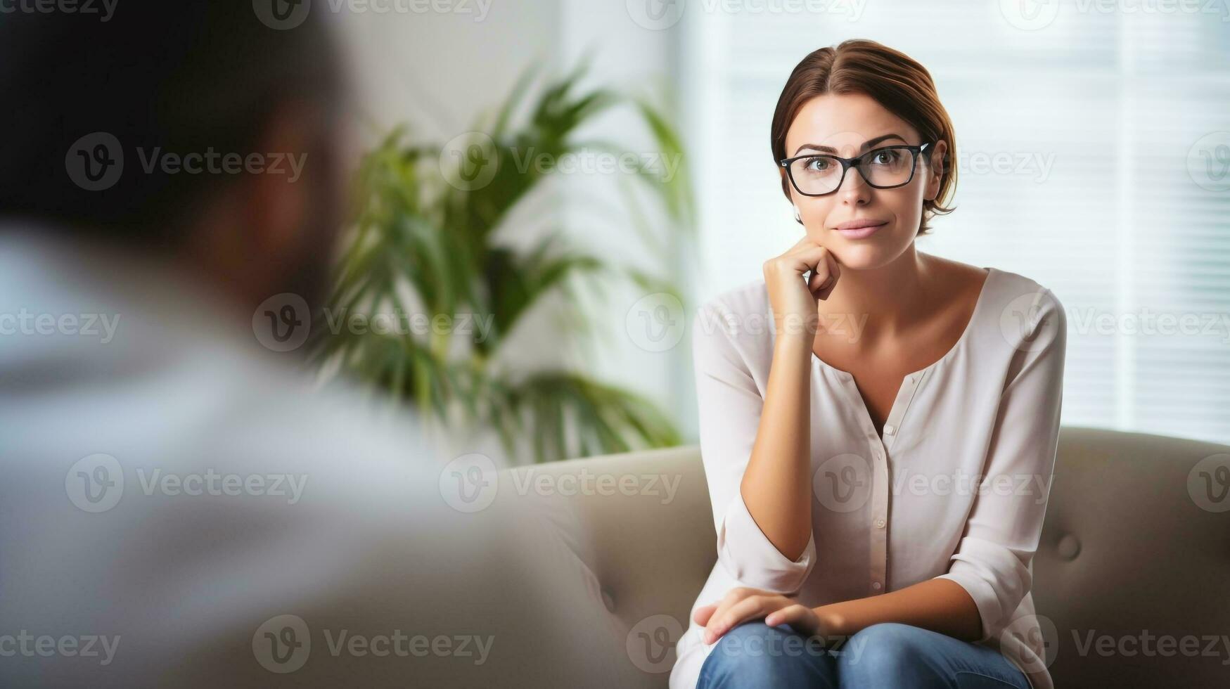 A person sitting in a therapists office, mental health images, photorealistic illustration photo