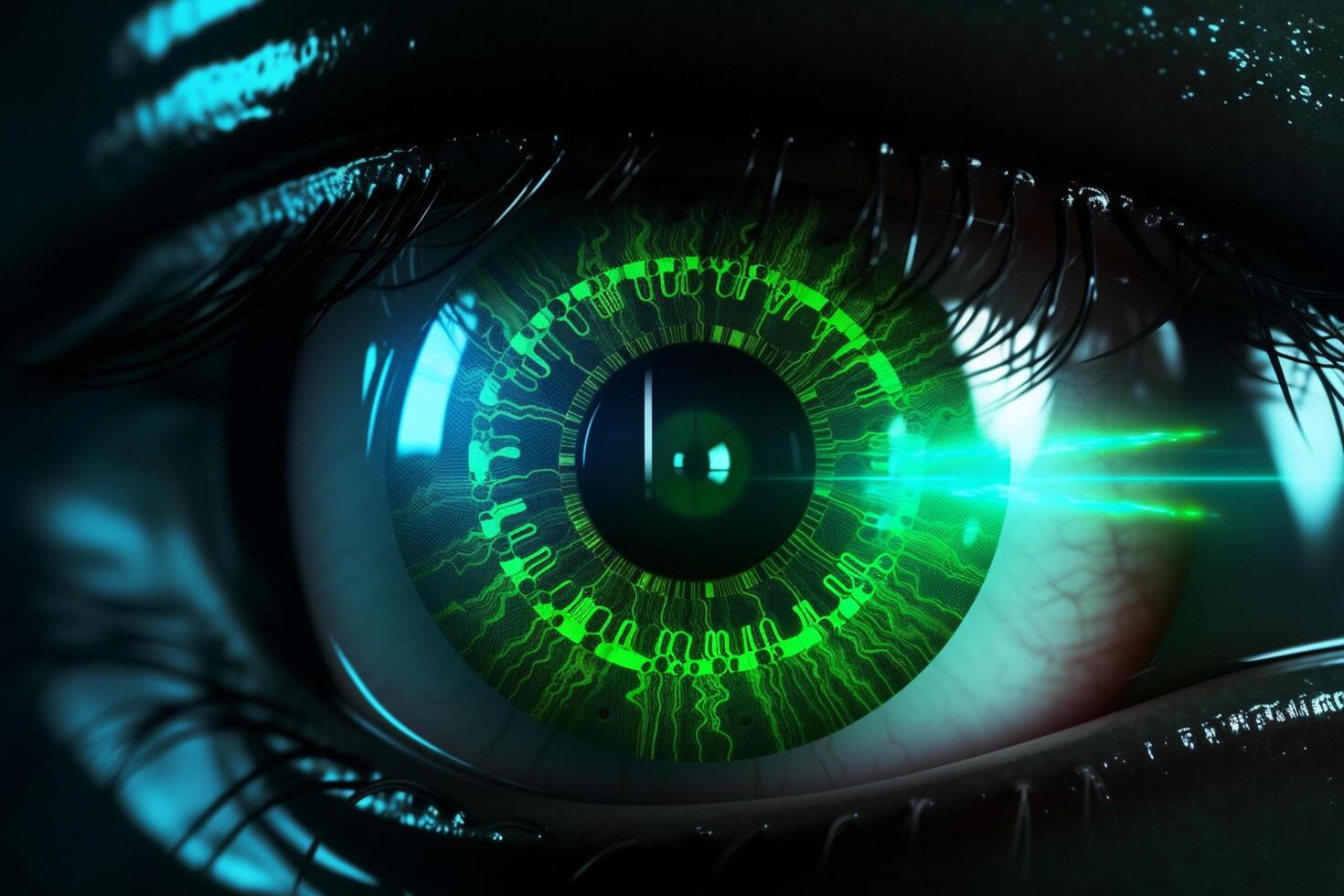 Close-up of human eye with digital binary code. 3D rendering photo