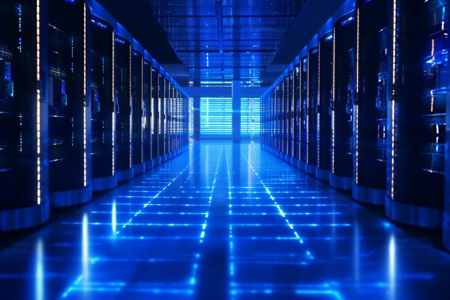 Futuristic server room with blue lights. 3D Rendering Ai Generated photo