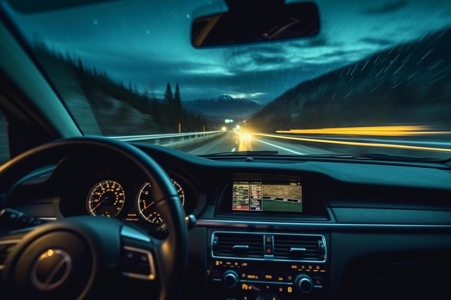 View of the inside of a modern car in the night. 3d rendering photo