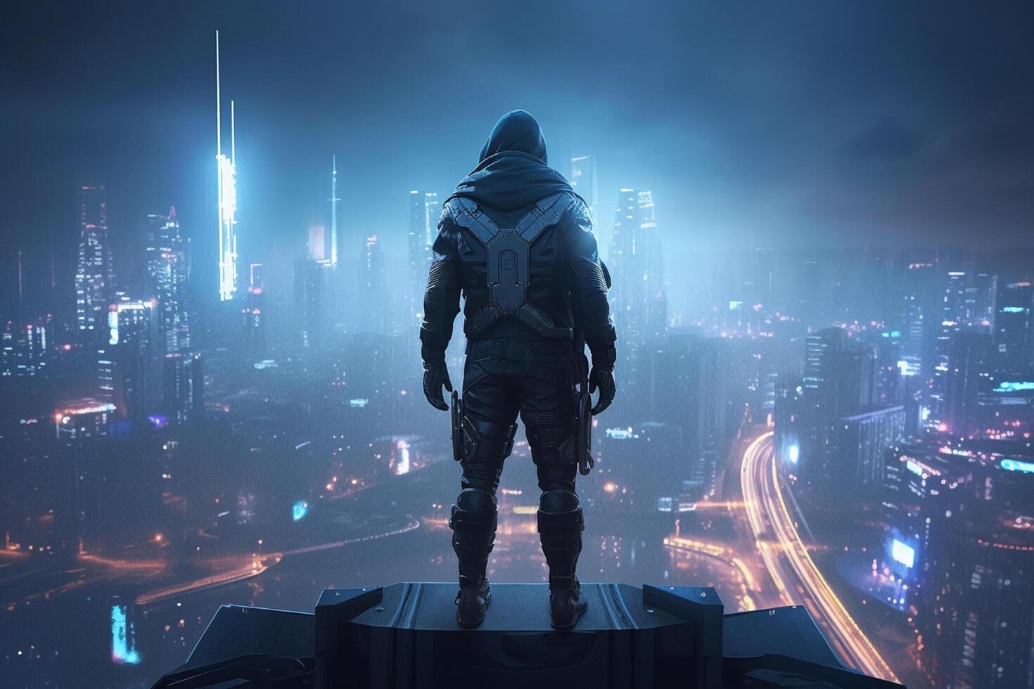 Rear view of a businessman standing in front of a futuristic city photo