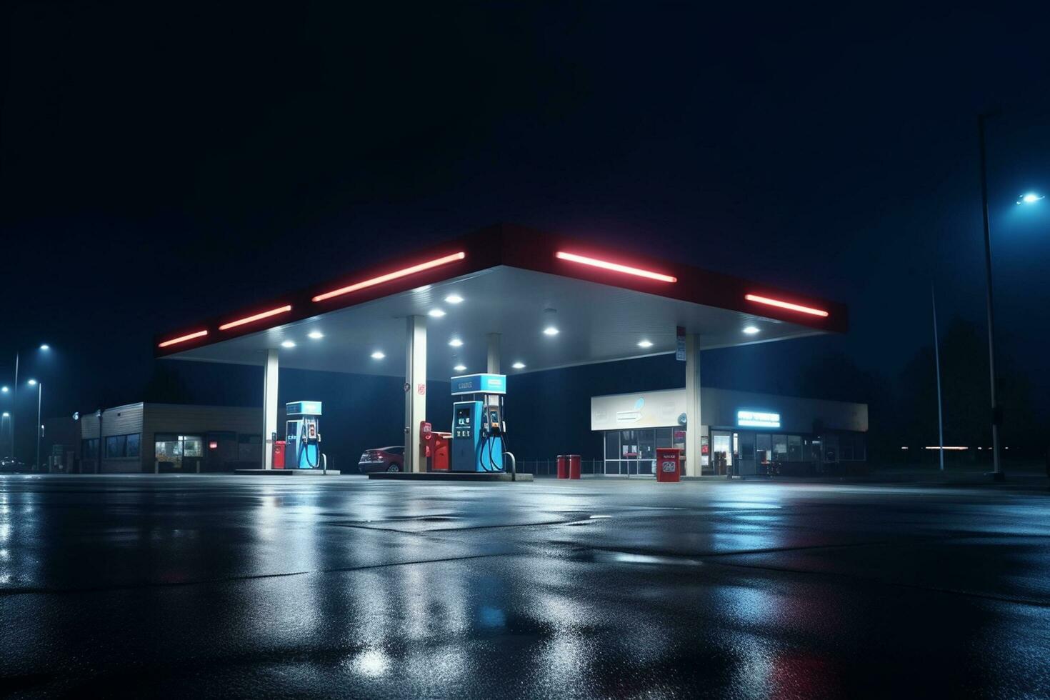 Gas station at night. Refueling of gasoline at gas station Ai Generated photo